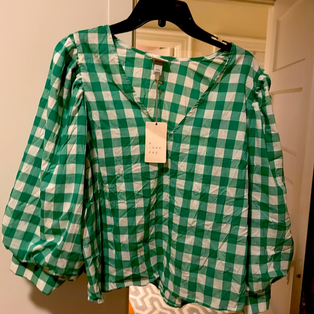 A New Day Green Gingham Top XXL
